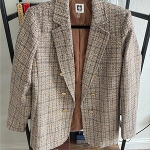 Anne Klein Cream and Brown Tweed Jacket with Gold Details